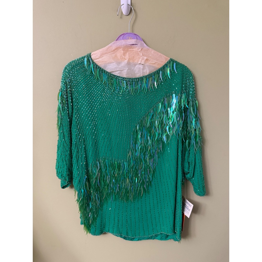 Vintage Loehmanns Emerald Green Beaded Silk Sequin Blouse NWT Mod Small Fringe